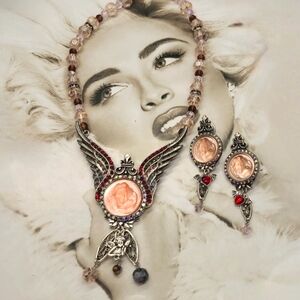 Vintage Signed Kirks Folly Whimsical Cameo Crystal Silver Earrings & Necklace